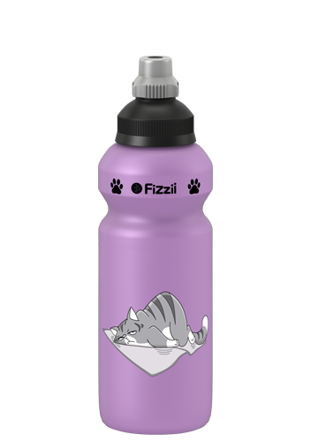 Fizzii Katze, 500 ml Kindertrinkflasche Flieder, Verschluss: Schwarz/Silber