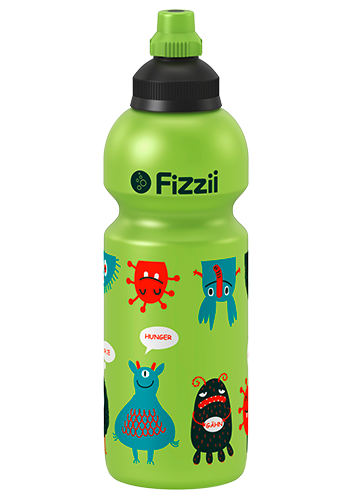 Fizzii Monster, 600 ml Kindertrinkflasche Kiwi, Verschluss: Schwarz/Grün