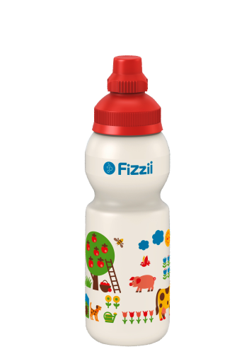 Fizzii Bauernhof byGraziela, 330 ml Kindertrinkflasche, Farbe: Perlweiß, Verschluss: Rot