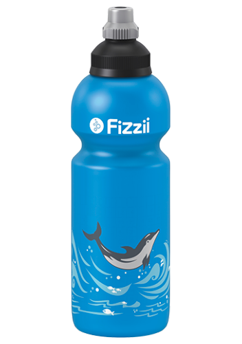 Fizzii Delfin, 600 ml Kindertrinkflasche Cyan, Verschluss: Schwarz/Silber