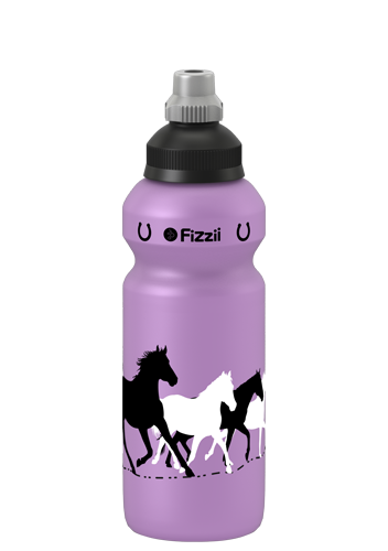 Fizzii Pferd, 500 ml Kindertrinkflasche Flieder, Verschluss: Schwarz/Silber