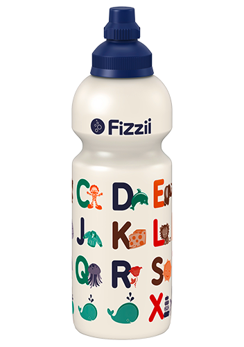 Fizzii ABC, 600 ml Kindertrinkflasche Perlweiß, Verschluss: Blau dunkel 281c