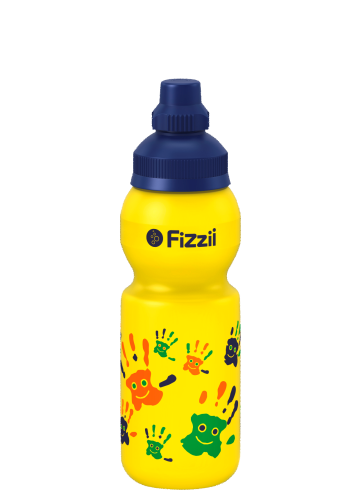 Fizzii Hände, 330 ml Kindertrinkflasche, Farbe: Gelb, Verschluss: Blau dunkel 281c