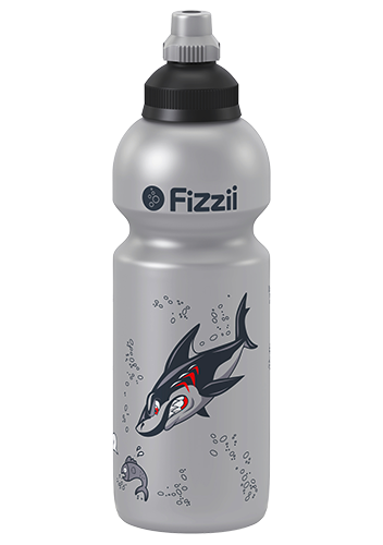Fizzii Hai, 600 ml Kindertrinkflasche Silber, Verschluss: Schwarz/Silber