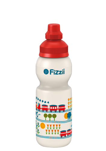 Fizzii Eisenbahn byGraziela, 330 ml Kindertrinkflasche, Farbe: Perlweiß, Verschluss: Rot